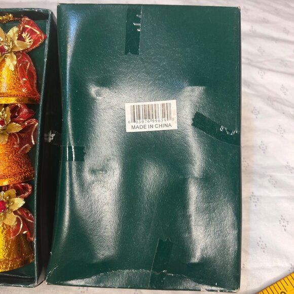 Set Of 12 Glittering Orange Bell Christmas Ornaments W Red & Gold Embellishments - Picture 9 of 12